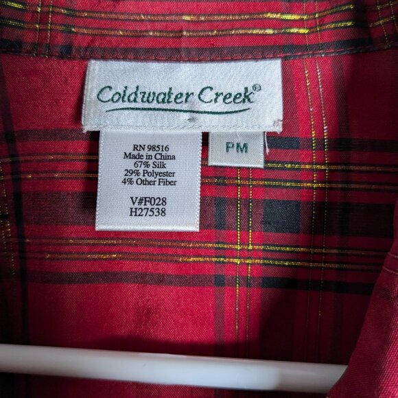 Coldwater Creek Women's Silk Red Gold Metallic Plaid Top Zip Front Petite Medium - Picture 10 of 16